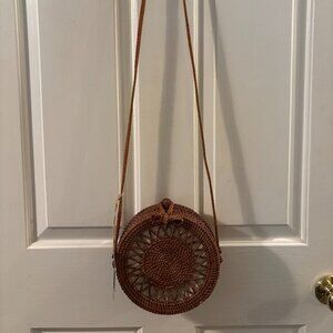 Round Canteen Rattan Straw Wicker Handbag ~ Leather Strap ~ Handcrafted Vietnam